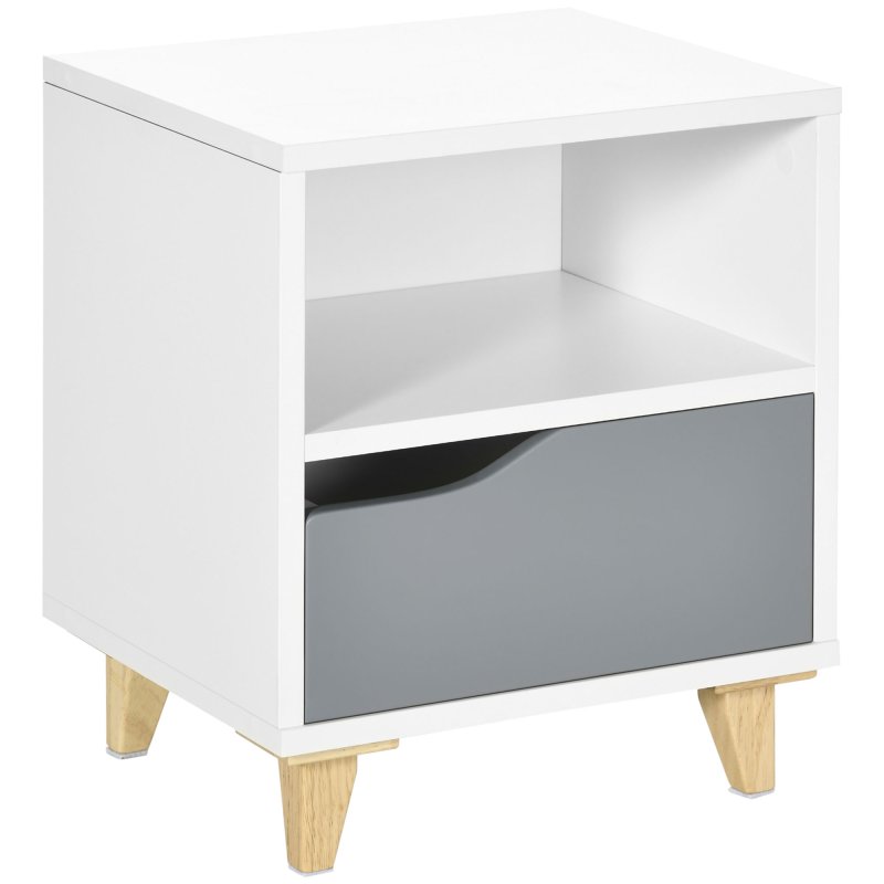 HOMCOM Bedside Table Nightstand with Drawer and Shelf, Side End Table with Wood Legs for Bedroom, White and Grey