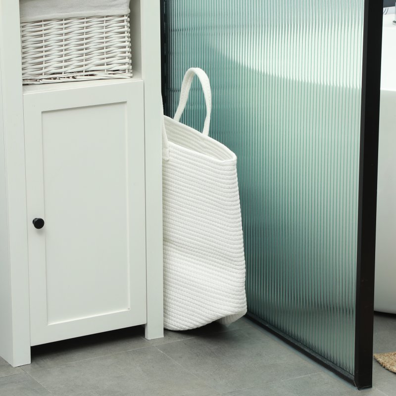 HOMCOM 36L Laundry Hamper, Cotton Rope Laundry Basket with Handles, Collapsible Washing Bin, 38 x 45cm, Cream White