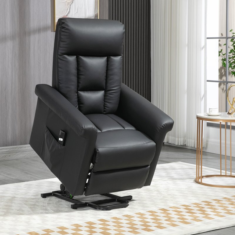HOMCOM Power Lift Chair Armchair for the Elderly, PU Leather Recliner Chair with Extended Footrest, Remote Control and Side Pocket, Black
