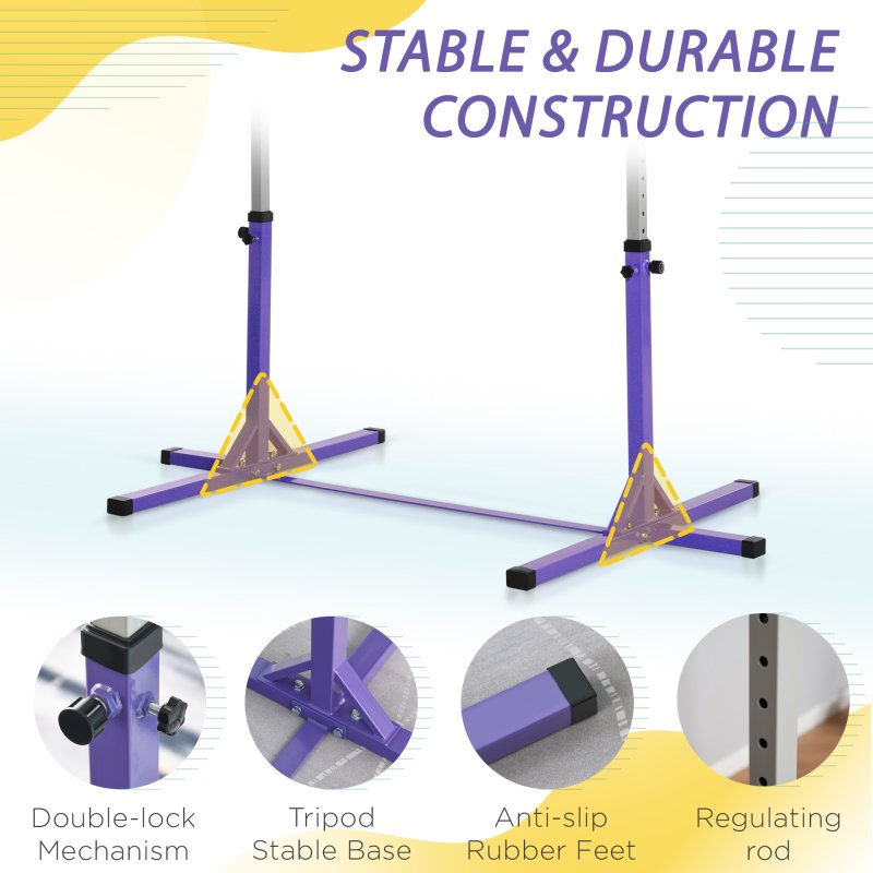 HOMCOM Height Adjustable Gymnastics Horizontal Bar For Kids Home Gym Training Children Junior Kip High Bar Fitness, Purple