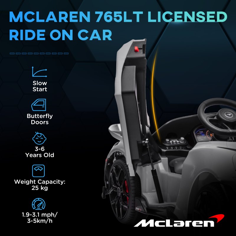 AIYAPLAY McLaren 765LT Licensed Electric Car for Kids with Butterfly Doors, 12V Kids' Electric Ride on with Remote Control, Transport Wheels, LED Lights, MP3 Music, Horn, for 3-6 Years, Grey