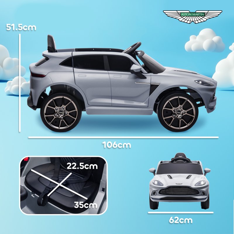 AIYAPLAY Aston Martin DBX Licensed 12V Kids Ride on Car, Kids Electric Car with Remote Control, 4 Suspension Wheels, LED Lights, Music, Horn, Slow Start, for Ages 3-6 Years, Grey