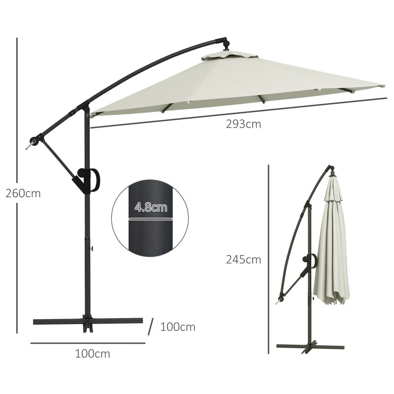 Outsunny 3(m) Cantilever Parasol with Cross Base, Banana Parasol with Crank Handle, Tilt and 8 Ribs, Round Hanging Patio Umbrella for Outdoor Pool, Garden, Balcony, Cream