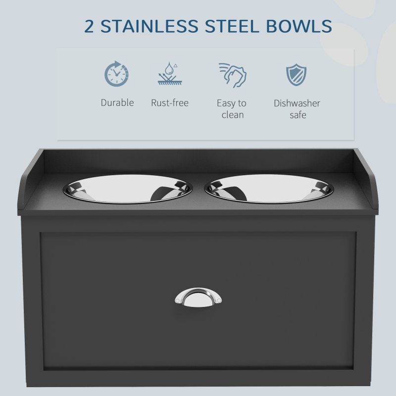 PawHut Stainless Steel Raised Dog Bowls, Double Dog Food and Water Bowl w/ 21L Storage Drawer, for Large Dogs - Black