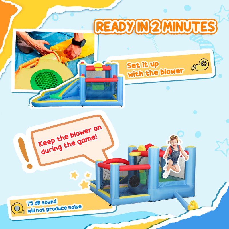 AIYAPLAY Bouncy Castle, Inflatable Bounce House with 550W Blower, Basketball Hoop, Long Slide, Dart Board, Carrying Bag, for Party, Park, Ages 3-8, 385 x 290 x 180 cm