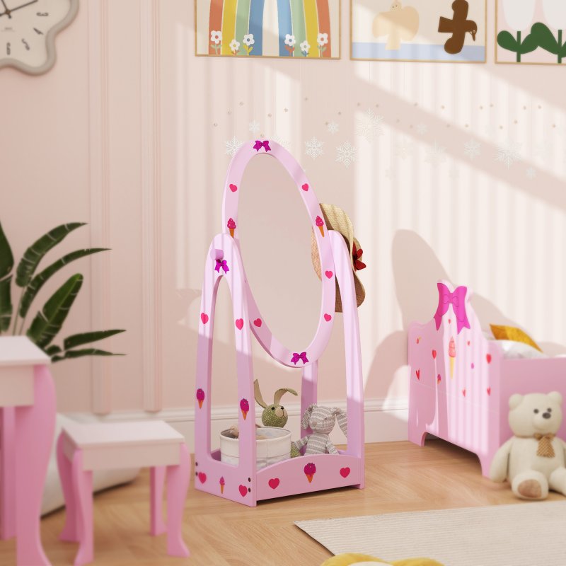 AIYAPLAY Kids Mirror Full Length with Storage Shelf, 360?? Rotating Standing Mirror for Bedroom, Kids Room, Nursery Room, Hot Pink