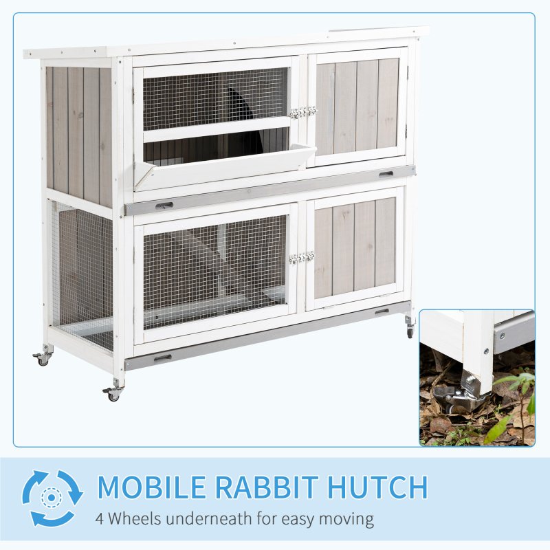 PawHut 4 FT Rabbit Hutch 2-Tier Wooden Bunny Cages Guinea Pig Hide House with Tray, Ramp and Wheel, Cover - Grey