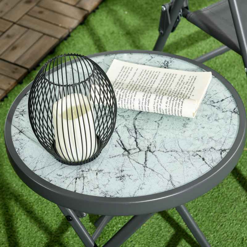 Outsunny ??45cm Garden Side Table, Outdoor Round Folding Patio Table with Imitation Marble Glass Top, Small Coffee Table, White