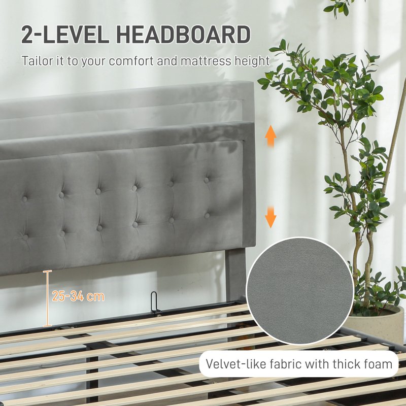 HOMCOM Double Ottoman Bed Frame with Hydraulic Lifting Storage, Wheeled Drawer, Adjustable Velvet Upholstered Headboard, Wooden Slats Mattress Foundation, No Box Spring Needed, Grey