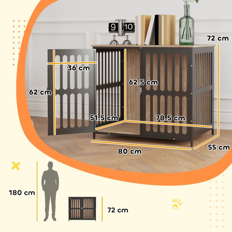 PawHut Dog Crate Furniture, Dog Cage Side End Table Indoor with Anti-Chew Resistant Mesh, Anti-Escape Door, for Medium Dogs, 80 x 55 x 72 cm, Walnut Brown