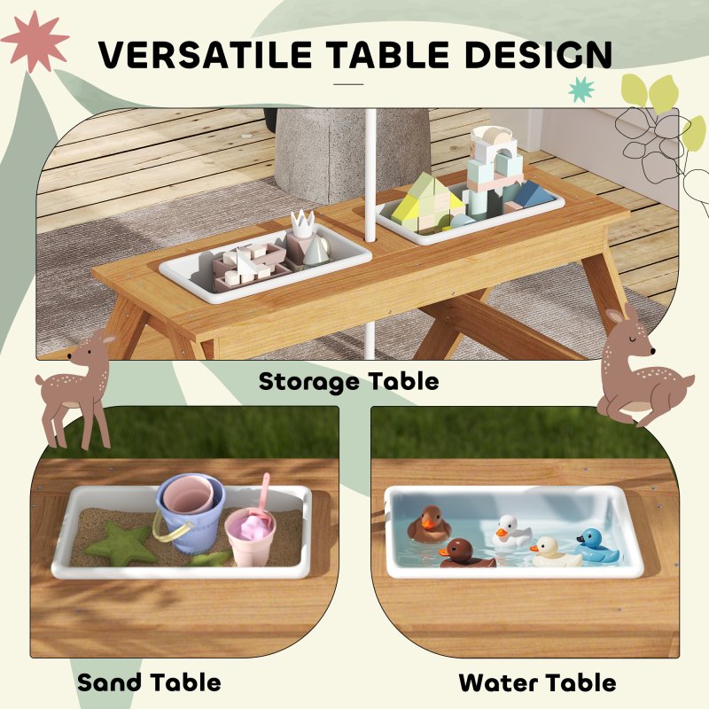AIYAPLAY Kids Picnic Table, Sand and Water Table with Wooden Benches, Adjustable Parasol and Storage Bins, Outdoor Garden Furniture for Children 3-6 Years, Multicolour