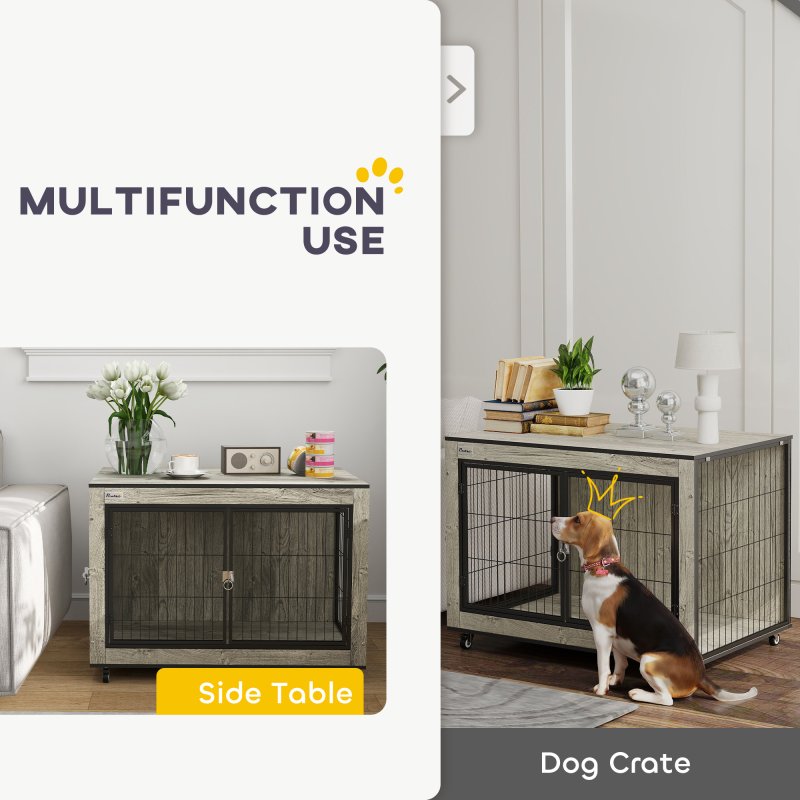 PawHut Dog Crate Furniture on Wheels, Dog Cage End Side Table with Lockable Double Doors, for Medium Breeds, 80 x 56 x 62.5cm, Grey
