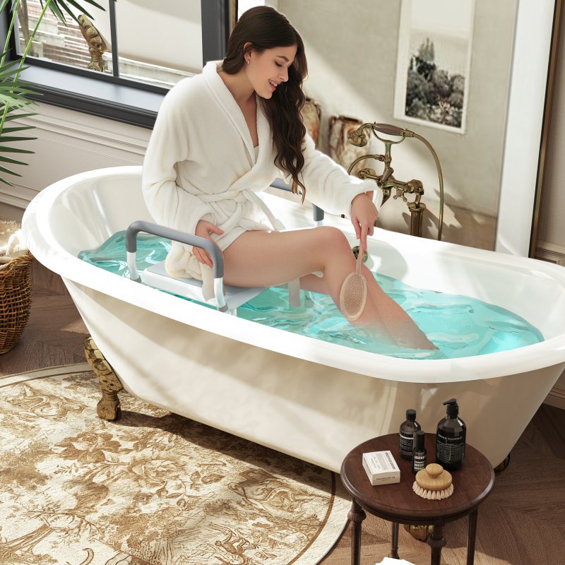 HOMCOM Portable Shower Stool, Non-Slip Shower Chair with Adjustable Height and EVA Cushion, Rust-Free Aluminium Bath Chair for Elderly, Disabled, Light Blue