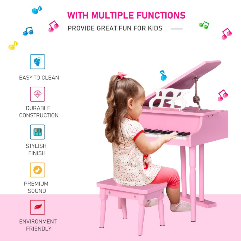 HOMCOM 30 Keys Kids Keyboard Piano Mini Piano Set Grand Piano with Music Stand and Bench Pink