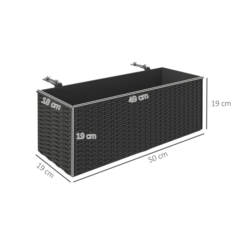 Outsunny Set of 2 Hanging Flower Boxes, 50 cm Long, Rattan Look Flower Pot with Drainage Holes and Hooks, Railing Box for Fence Balcony Garden