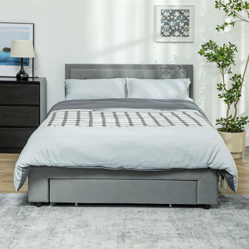 HOMCOM Double Ottoman Bed Frame with Hydraulic Lifting Storage, Wheeled Drawer, Adjustable Velvet Upholstered Headboard, Wooden Slats Mattress Foundation, No Box Spring Needed, Grey