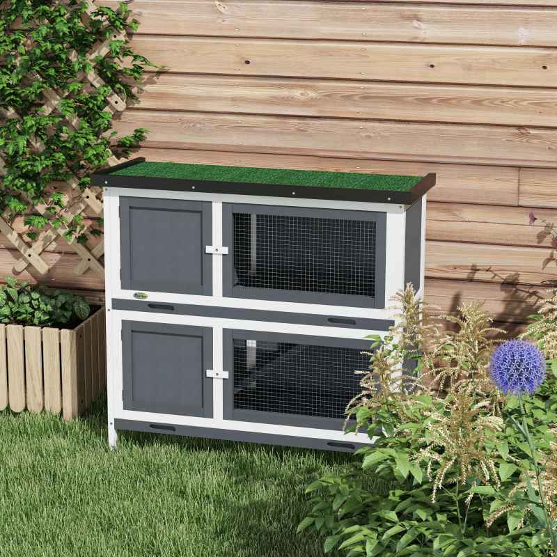 PawHut Rabbit Hutch  Guinea Pig Hutch Double Decker Pet Cage with Openable Roof, Divider, Ramp for Outdoor 100 x 47 x 91cm, Grey