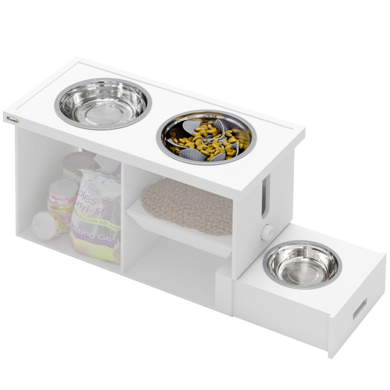 PawHut Raised Dog Bowls, Dog Feeding Station with Slow Feeder Mat, Storage Cabinet, 3 Stainless Steel Bowls, Semi-Auto Dispenser Function, for Large, Extra Large Breeds, White