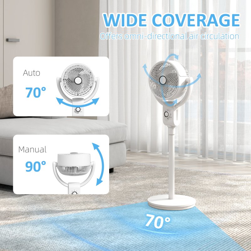 HOMCOM 10" Pedestal Fan, 70°+90° Oscillating Air Circulation Fan with 3 Speeds, Dense Mesh, Easy Assembly, for Home Office, Bedroom, White