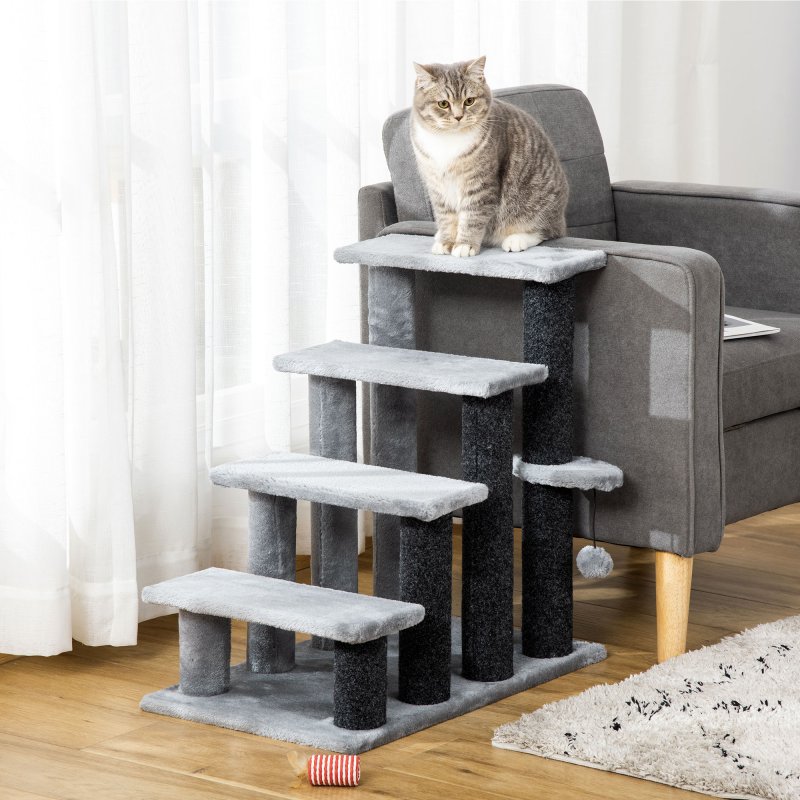 PawHut Pet Stairs, Cat Tree Climb Ladder with 4-step Stair, Scratching Posts, Platforms, Toy Ball, for Indoor Cats, Grey