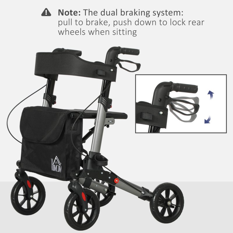 HOMCOM 4 Wheel Rollator with Seat and Back, Folding Mobility Walker with Carry Bag, Adjustable Height, Dual Brakes, Cane Holder, Lightweight Aluminium Walking Frame for Seniors and Disabled