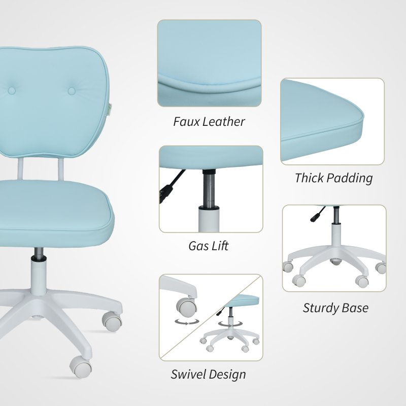 Vinsetto Cute Armless Office Chair, Small PU Leather Computer Desk Chair with Adjustable Height, Swivel Wheels, Mid Back, Light Blue