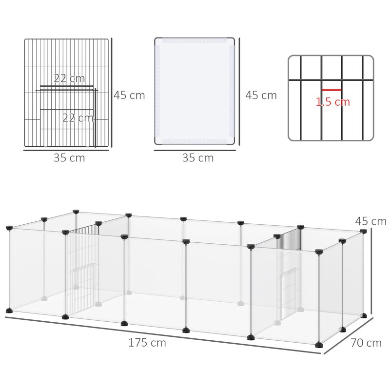 PawHut Pet Playpen, DIY Small Animal Cage, 18 Panels Portable Metal Fence, for Guinea Pigs, Hedgehogs, 175 x 70 x 45cm - White