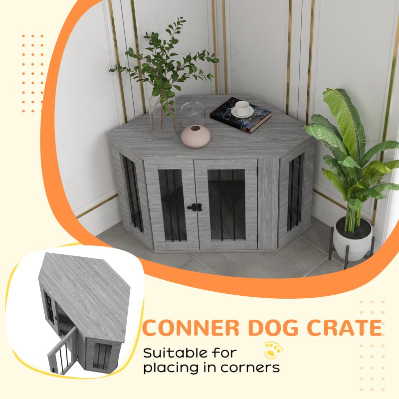 PawHut Dog Crate Furniture, Side Table Dog Kennel with Cushion, Large Door, for Medium Dogs - Grey