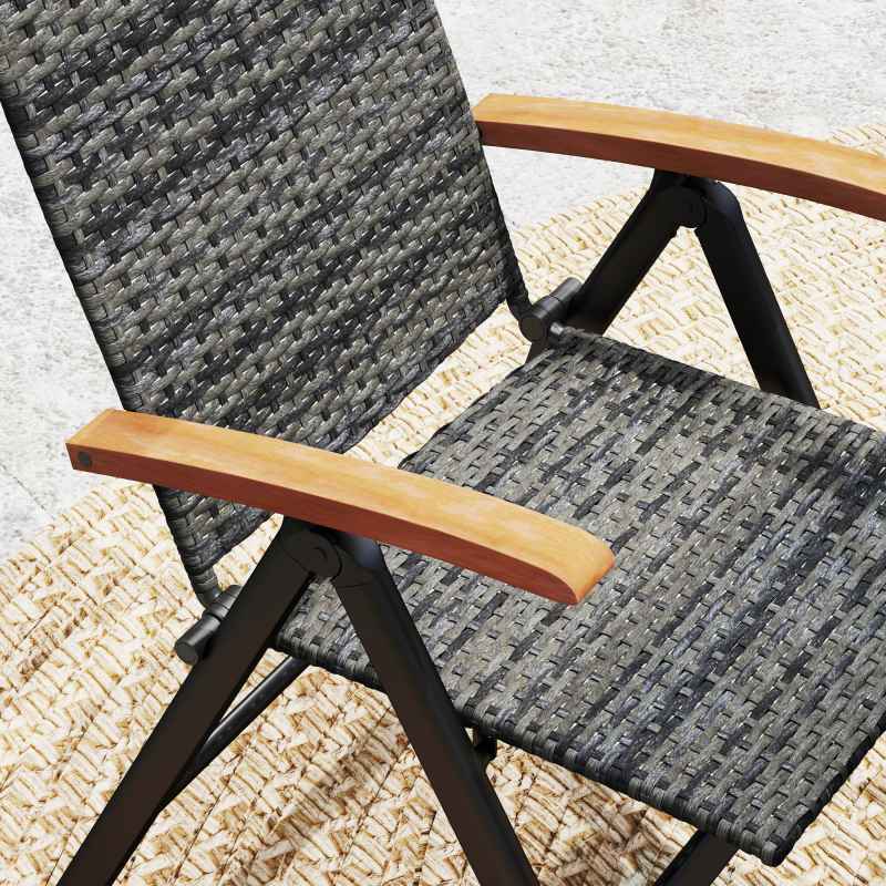 Outsunny Outdoor Folding Dining Chair, PE Rattan Chair with Armrests, High Backrest, for Garden, Camping, Balcony, Porch, Mixed-grey