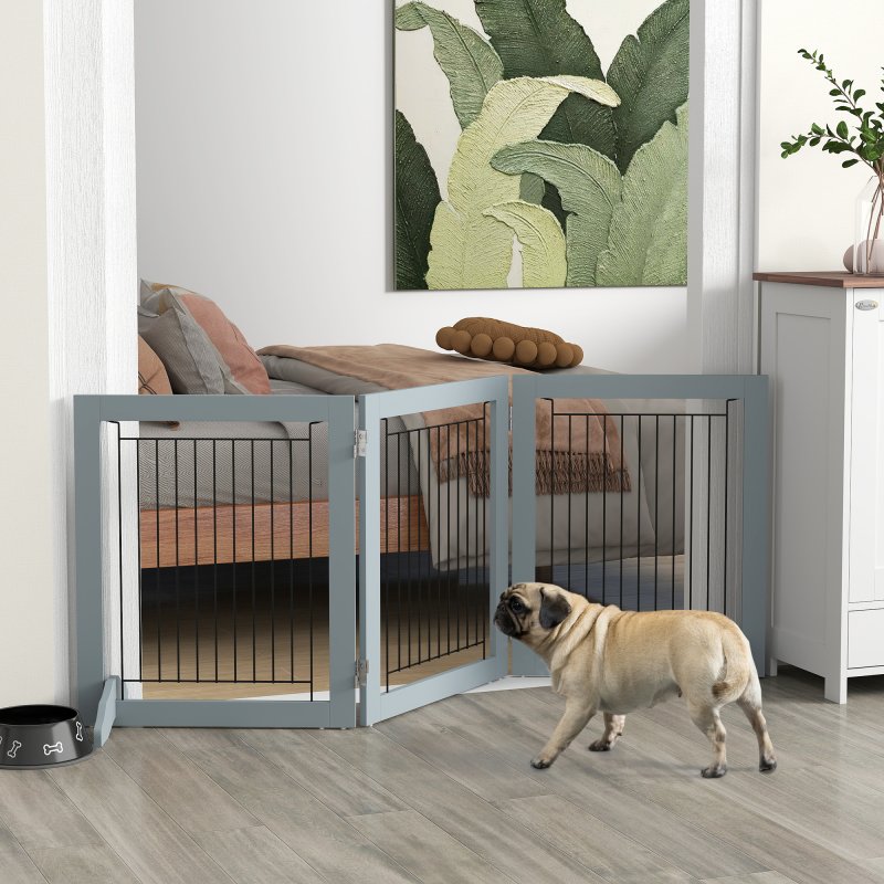 PawHut Freestanding Dog Cate, Foldable Wooden Pet Gate with  - 61cm Tall, for Stairways, Doorways, Hallways, Small Dogs - Grey