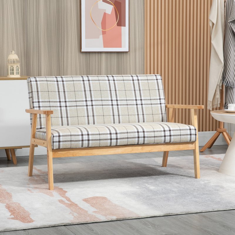 HOMCOM Modern Two Seater Sofa for Living Room, Linen Fabric Small Couch with Rubber Wood Frame, Armrests, Lattice Pattern, Upholstered Loveseat, Beige