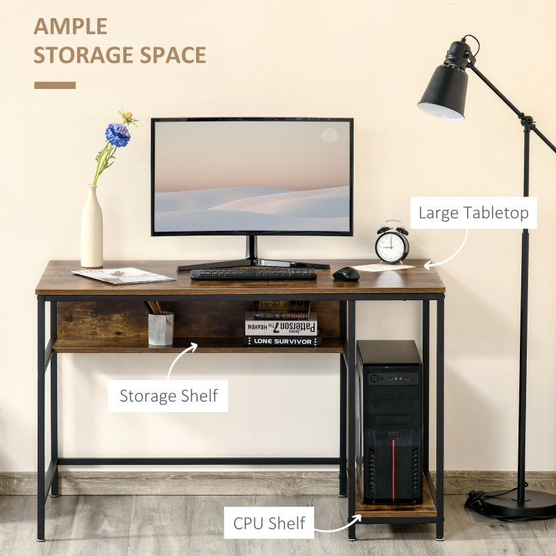 HOMCOM Computer Desk with Storage, 120 x 60cm Home Office Desk with 2 Shelves and Steel Frame, Writing Table for Living Room, Study