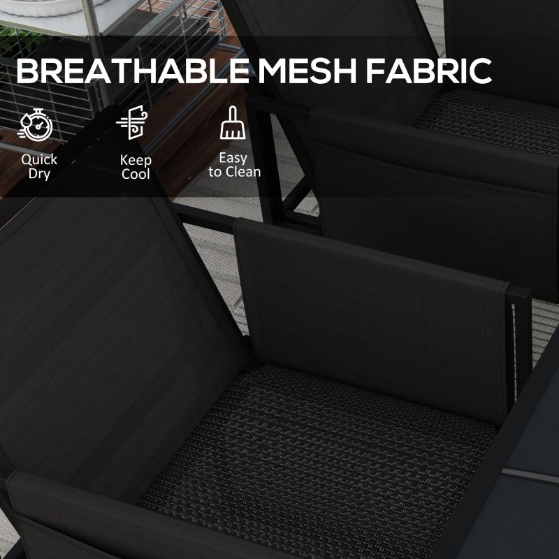 Outsunny 5 Piece Garden Dining Set, 4 Seater Outdoor Table and Chairs with Texteline Seat, Space Saving Cube Set with Foldable Backrest, Tempered Glass Table Top, for Patio, Black