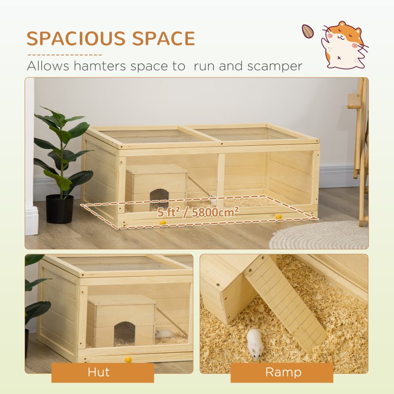 PawHut Wooden Hamster Cage, Small Animal Cage with Sliding Tray, Openable Top, Hut, Exercise Play House for Syrian Hamsters, Natural Wood Finish