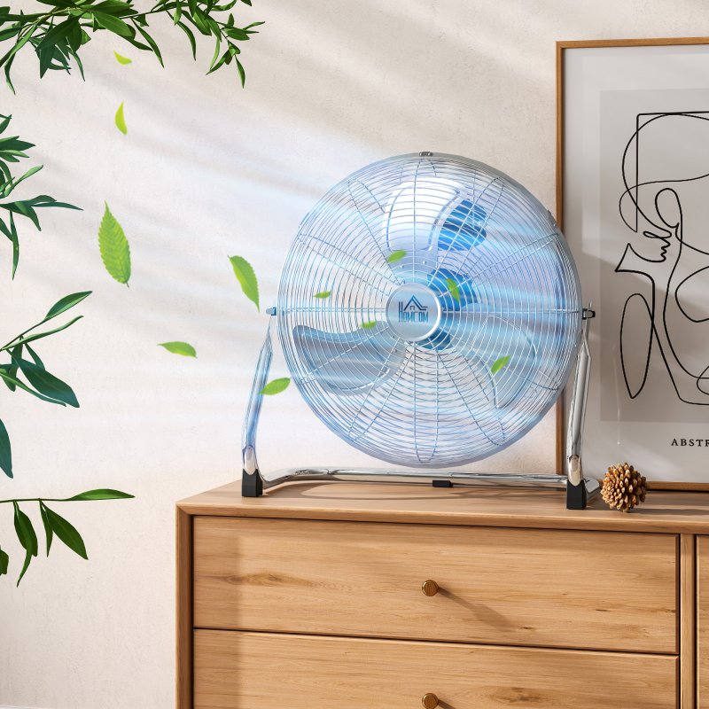 HOMCOM 16 Inches Chrome Metal Floor Fan, High Velocity 3-Speed Home Gym with Adjustable Head, Portable Desk & Table Fan Air Circulator for Home Office, Powerful Airflow, Quiet Operation