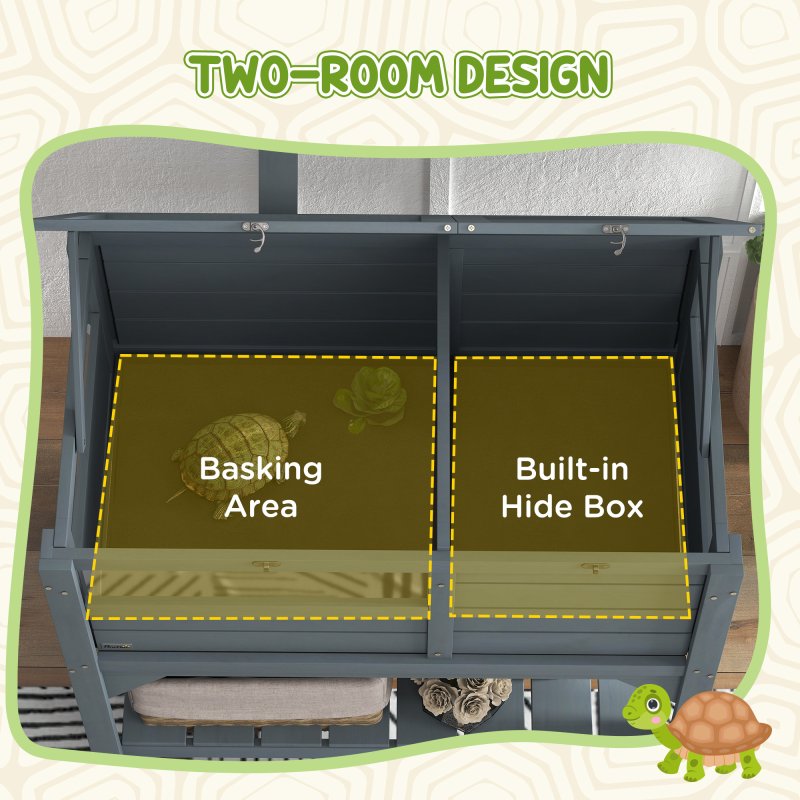 PawHut Tortoise House w/ Shelf, Small Pet Reptile Wooden House w/ Hide Shelter Den and Run, Lamp Holder, Tray, for Indoors, Outdoors - Grey