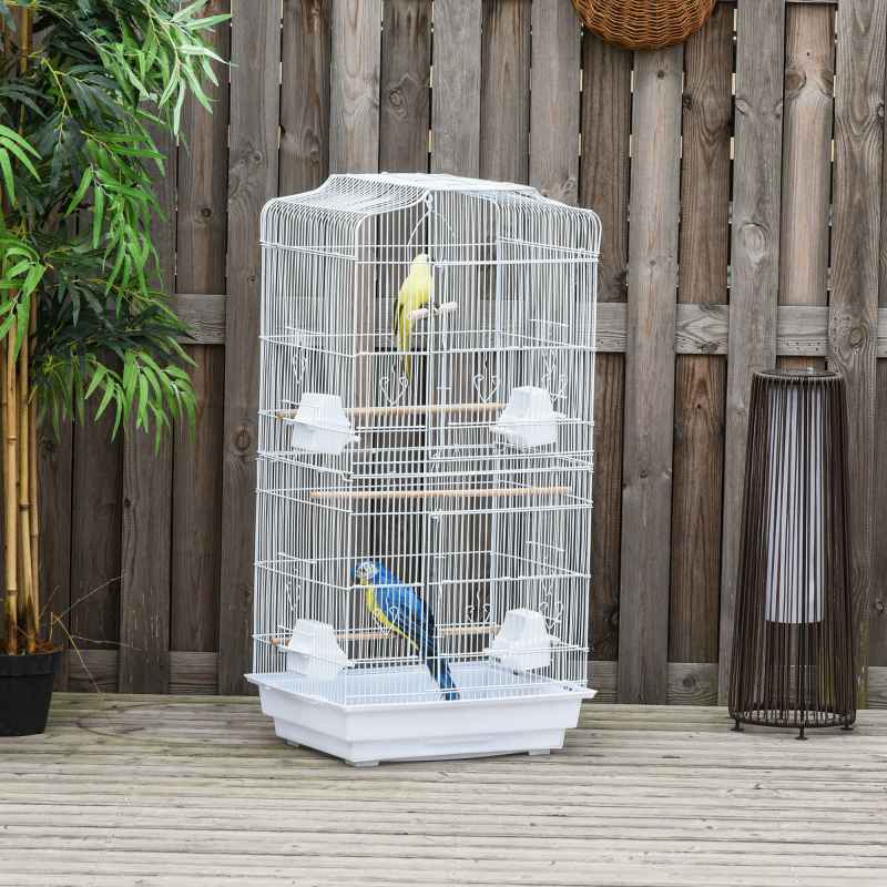 PawHut Bird Cage with Perches, Food Bowls, Swing, Parrot Cage for Budgie, Parakeet, Small Bird, 46.5 x 35.5 x 92cm, White