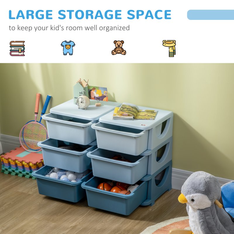 HOMCOM Kids Storage Units with 6 Drawers 3 Tier Chest Vertical Dresser Tower Toy Organiser for Nursery Playroom Kindergarten Blue