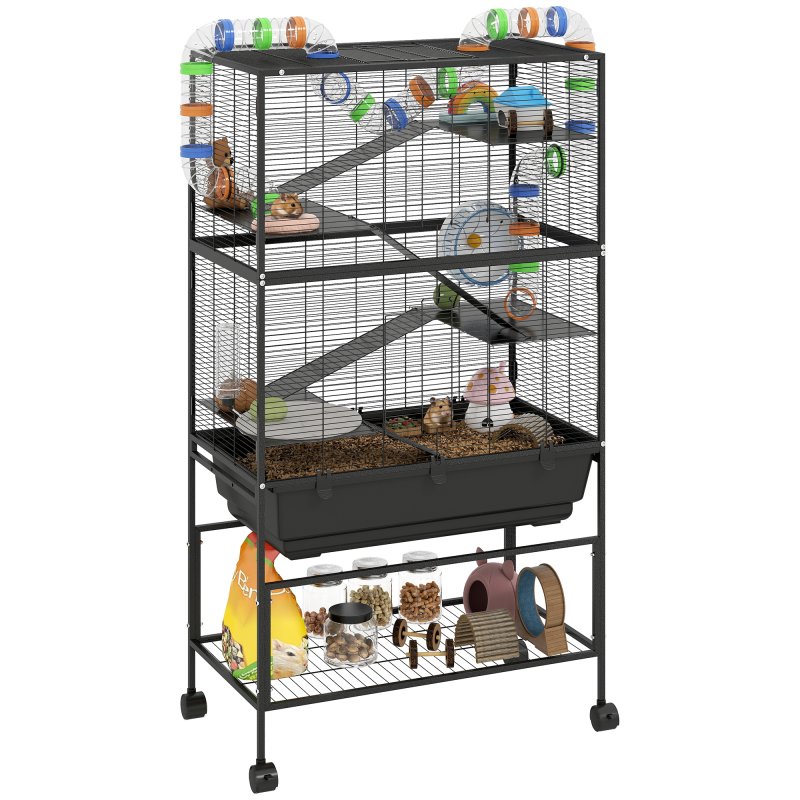 PawHut Hamster Cage, 5 Tier Large Gerbil Cage on Wheels with 17 cm Deep Tray, Storage Shelf, Big Exercise Wheel, Tube System, Hut, Platforms, Ramps, Food Dish, Water Bottle, for Syrian Hamsters, Rats