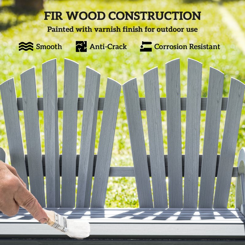 Outsunny 2 Seater Garden Bench, Comfortable Fir Wood Love Chair with Wagon Wheel-Shaped Armrests, Outdoor Adirondack Wooden Loveseats, Grey