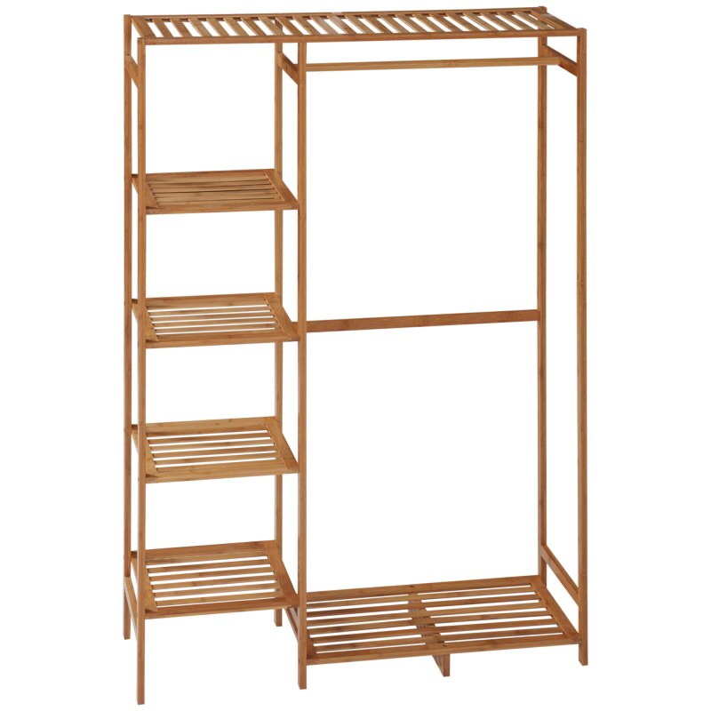 HOMCOM Bamboo Clothes Rail for Bedroom, Garment Rack with 6-Tier Storage Shelf and Hanging Rod, Clothes Rack for Living Room, Entryway, Natural Wood Effect