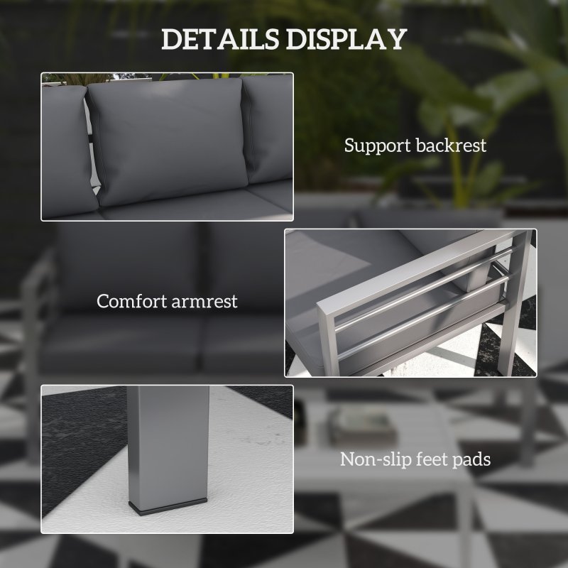 Outsunny Garden Bench with Cushions, 3-Seater Sofa, Aluminium Frame Outdoor Furniture with Backrest, Armrest and Back Cushions, 185 x 66 x 64cm, Grey