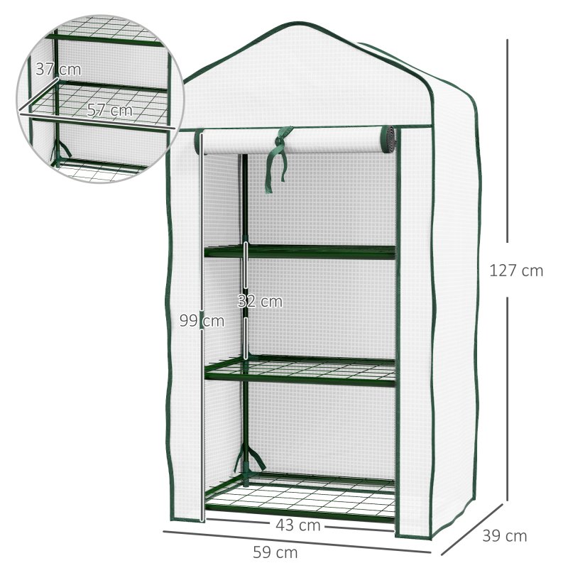 Outsunny 3 Tier Mini Greenhouse with Reinforced PE Cover, Portable Indoor Outdoor Greenhouse with Roll-up Door and Wire Shelves, 127H x 59W x 39D cm, White