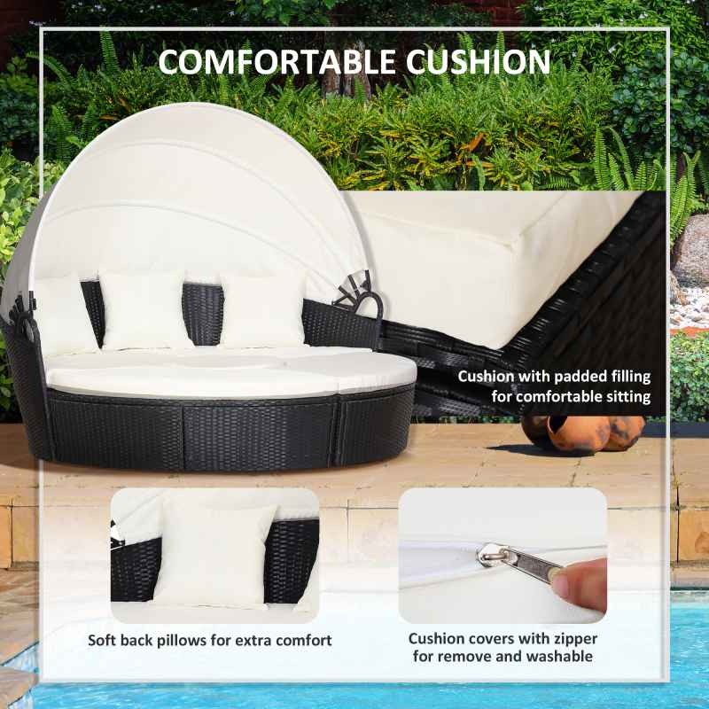 Outsunny PE Rattan Lounge Set, 5 Pieces Patio Conversation Furniture Set, Garden Round Sofa Bed with Cushion and Retractable Canopy, Black