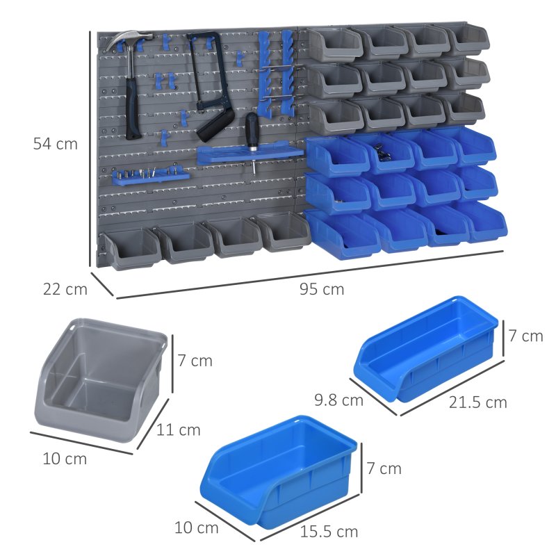 DURHAND 44 Pcs On-Wall Garage DIY Storage Unit with 28 Cubes 10 Hooks 2 Boards Screws Organisation Pegboard Tool Equipment Blue