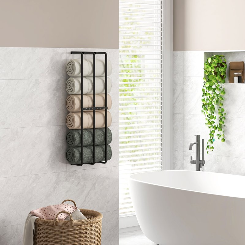 HOMCOM Towel Rack Wall Mounted, Metal Towel Rail Holds Up to 6 Large Size (150 x 100cm) Rolled Towels, 3 Bar Towel Storage for Bathroom, 21 x 12 x 74cm, Black