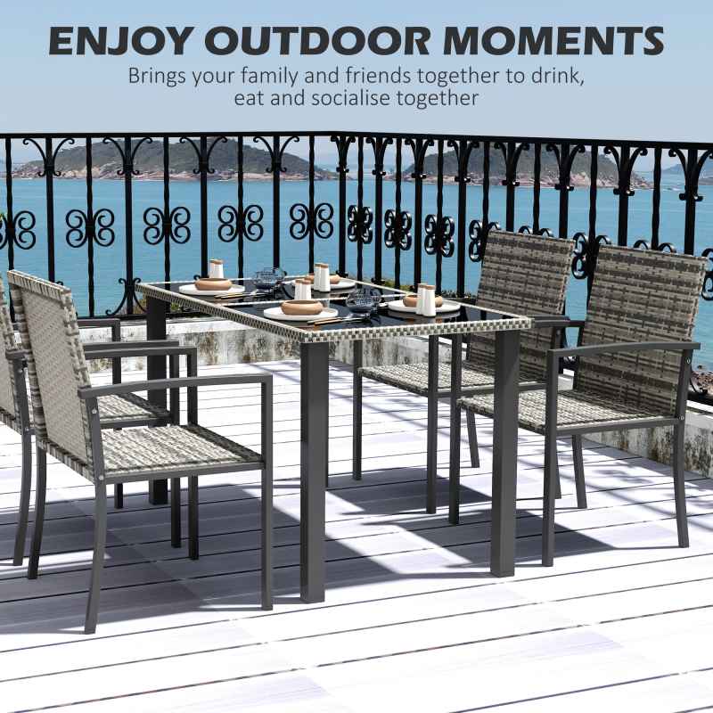 Outsunny 4 Seater Rattan Dining Set with Rectangular Glass Top Table and 4 Armchairs, PE Rattan Garden Furniture Set, Outdoor Dining Table and Chairs for Patio, Balcony, Lawn, Mixed Grey