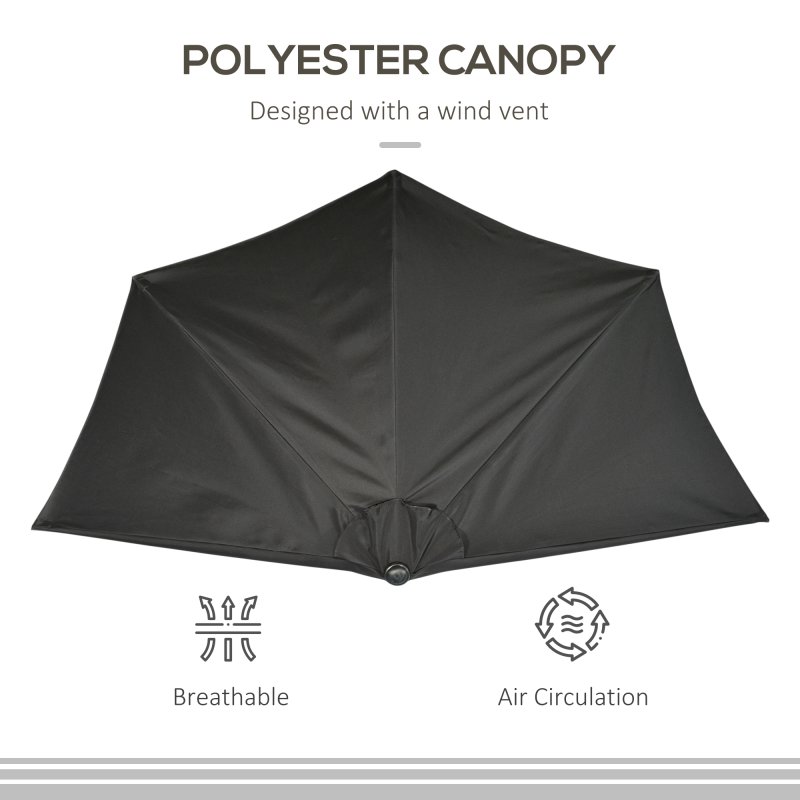 Outsunny 3(m) Half Parasol, Semi Round Umbrella with Metal Frame, Crank Handle for Balcony, Garden, Black