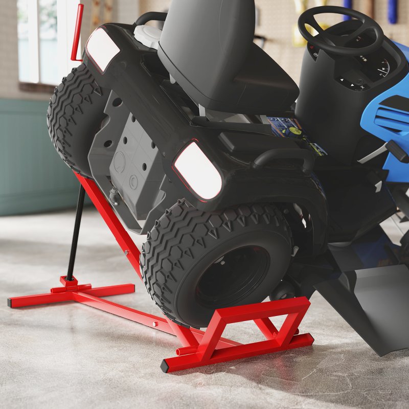 HOMCOM Folding Ride On Lawn Mower Jack Lift, 400 kg Adjustable Steel Lifting Device, Telescopic Maintenance Jack Lifter for Lawnmowers, ATVs, Red