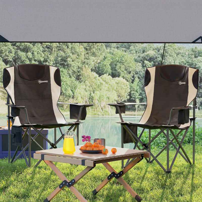 Outsunny Set of 2 Folding Camping Chairs, Padded Camping Chairs with Adjustable Armrests, Portable & Lightweight Folding Camp Chair with Cooler Bag, Cup Holder and Side Pockets, Black